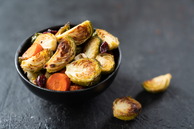 Brussels sprouts with roasted carrots, hazelnuts, and cranberries