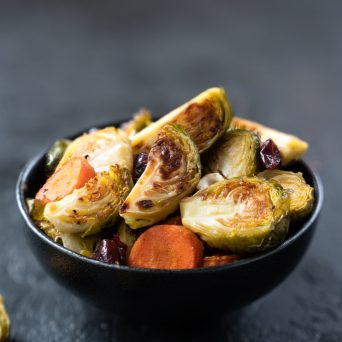 maple roasted Brussels sprouts with hazelnuts and cranberries