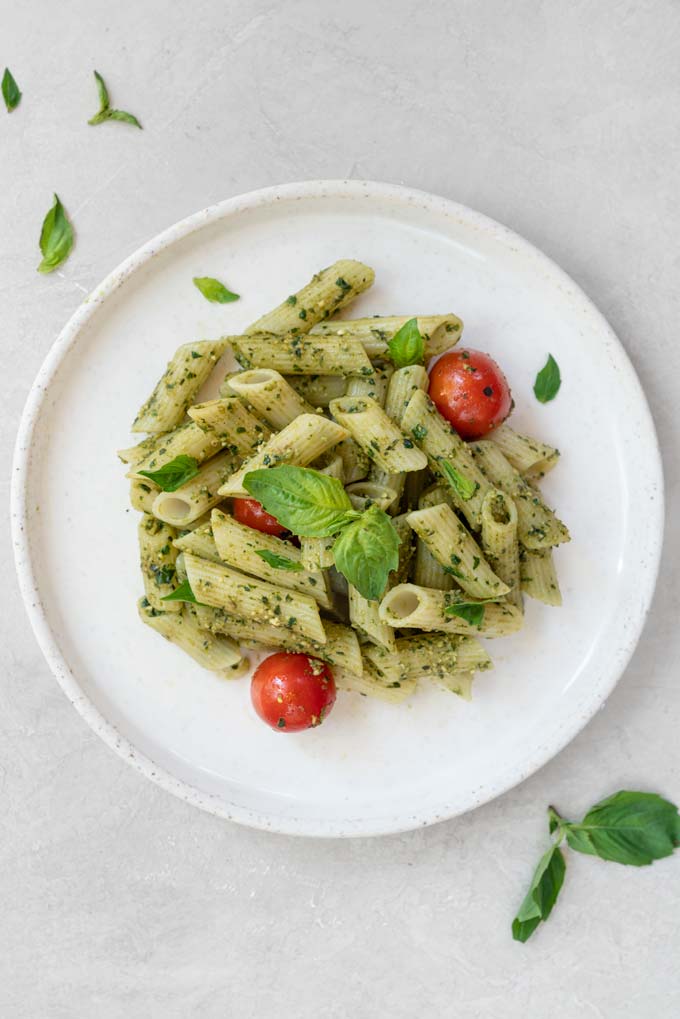 basil pesto with pasta and charred tomatoes - vegan, paleo, keto, healthy