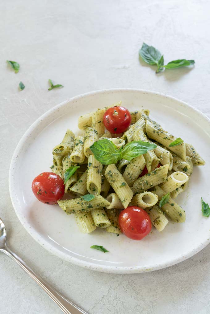 basil pesto pasta with charred tomatoes - vegan, paleo, keto