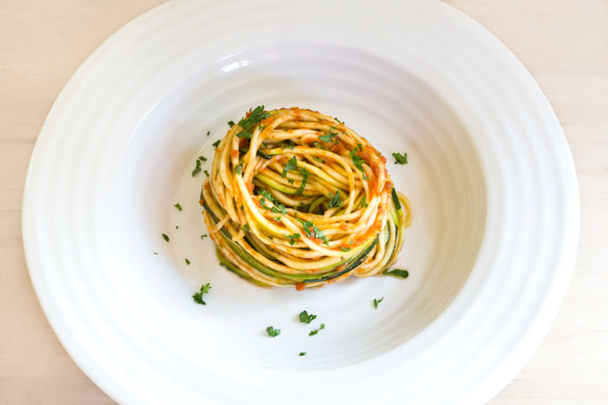 raw zucchini with marinara sauce